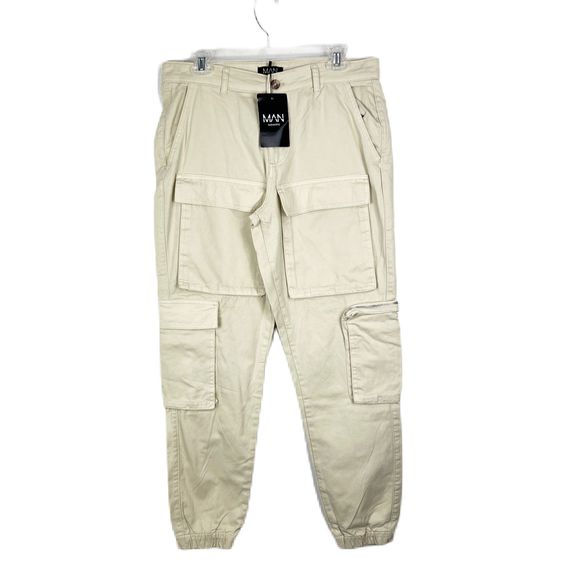Boohoo Man Pants Men 32 Stone Fixed Waist Twill Multipocket Cargo Bottoms Adult